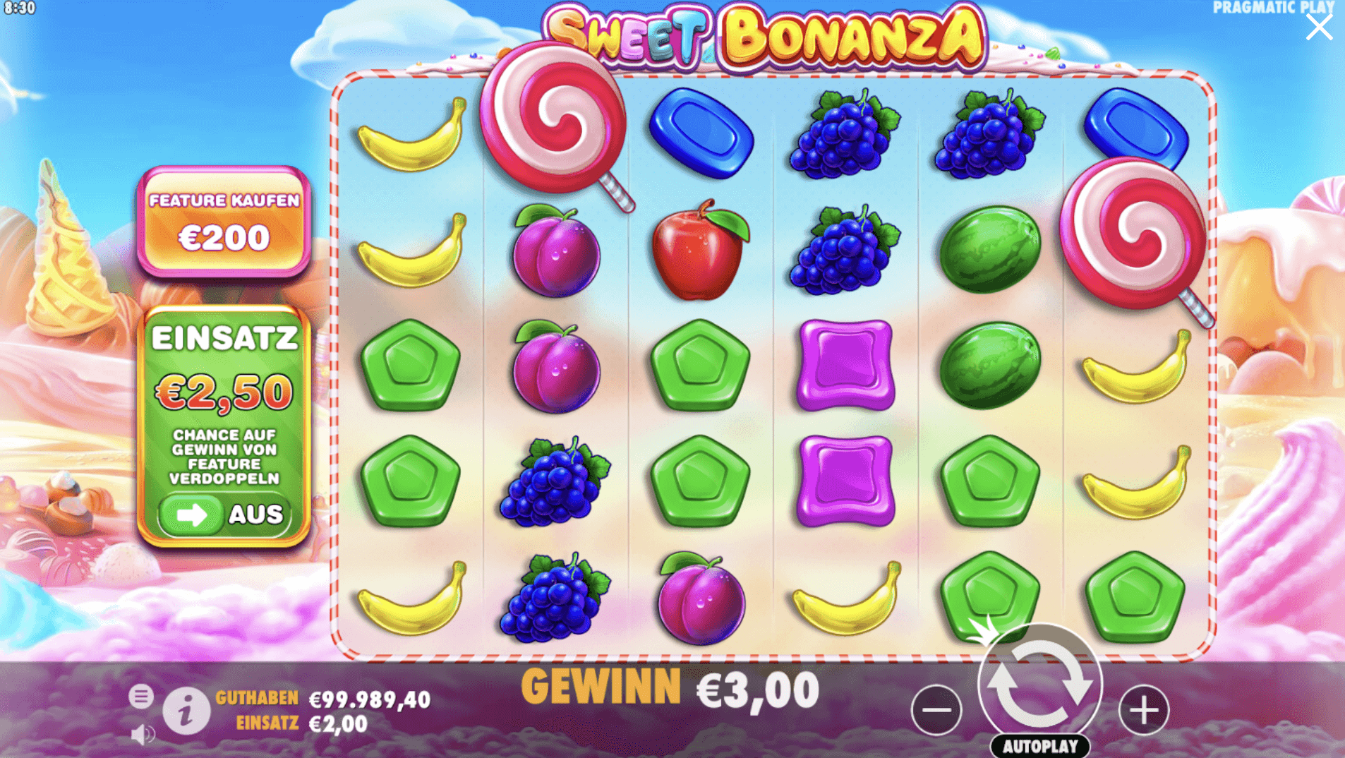 Sweet Bonanza Slot Spieloberfläche mit zwei Scatter-Symbolen