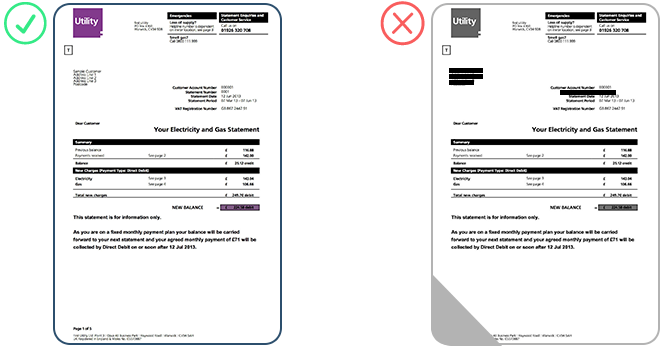 Comparison of valid and invalid documents indicating the proof of address