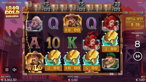 The free spins round is in play, with empty whiskey glasses above the reels. Five golden nuggets are on the reels, along with a wild symbol, resulting in the cash collect feature activating.