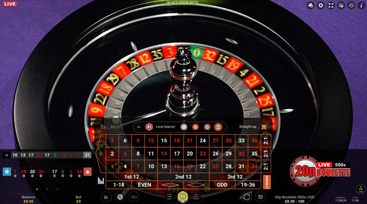 20p Roulette 500x LIVE base game with a large spinning roulette wheel in the background and an interactive overlay featuring all available bets at the bottom.