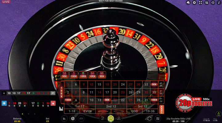 20p Roulette 500x LIVE with 5 lucky numbers selected and marked on the board in XXXL mode