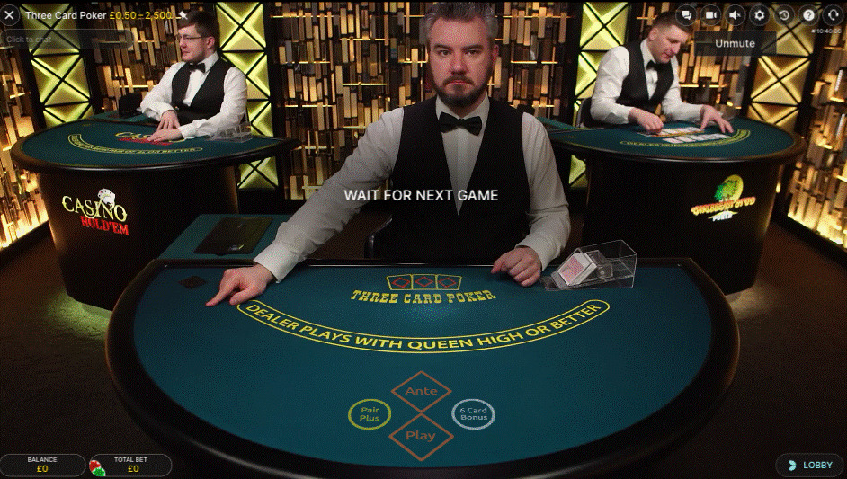 3 Card Poker live game featuring a blue green felt table in a champagne coloured studio complete with live dealer