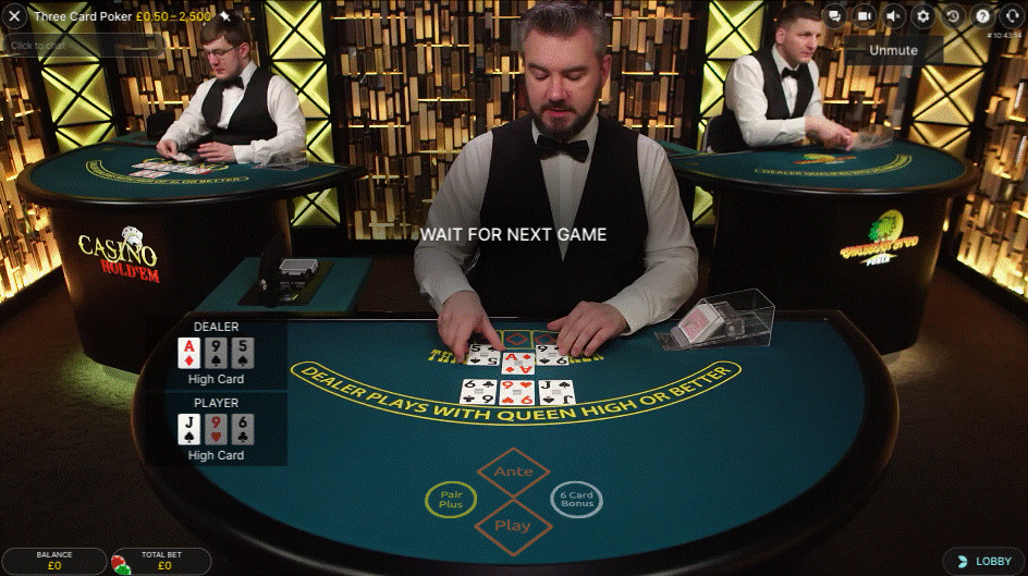 3 Card Poker live game round with both the player's and dealer's cards on the table. Dealer wins with Ace high.