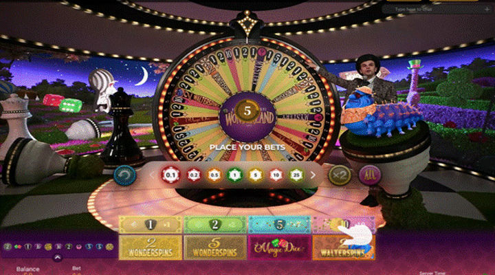 Adventures Beyond Wonderland Live base game with wheel containing 1, 2, 5, and 10 multiplier and bonus segments