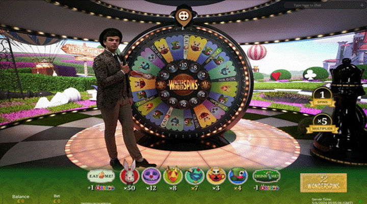 Adventures Beyond Wonderland Wonderspins with concentric wheels, Wonderland symbols, and multipliers