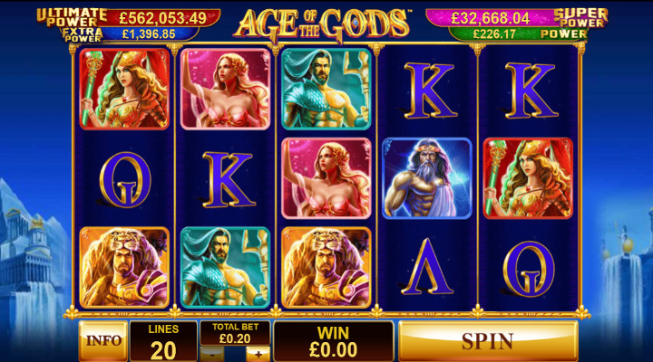 main reels of Age of the Gods, showing the four jackpots above the reels and multiple god symbols in play