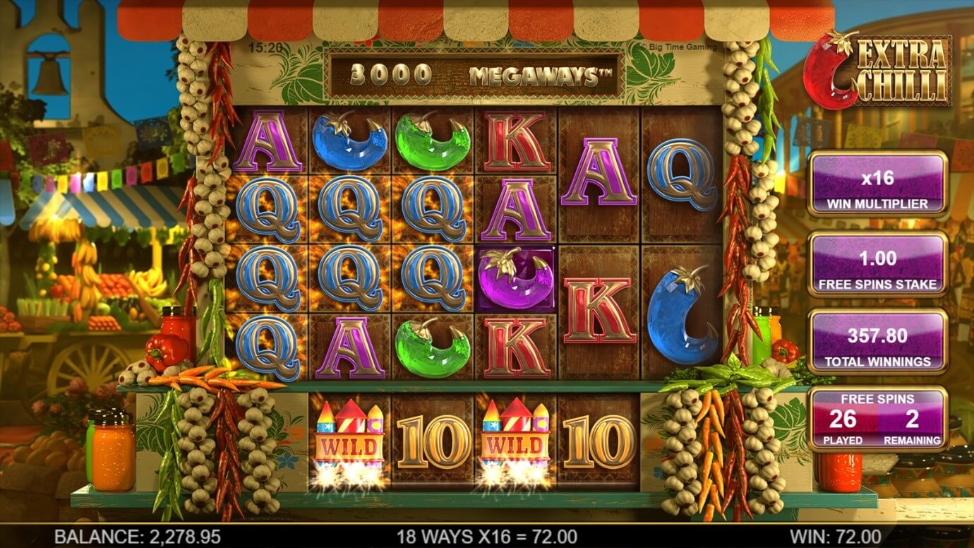Extra Reel with Wilds in action on Big Time Gaming’s Extra Chilli online slot