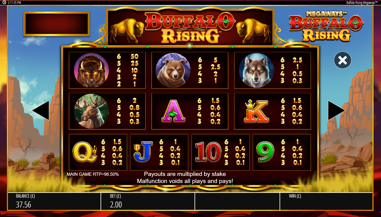 Paytable information explains how to win prizes in Buffalo Rising slot game
