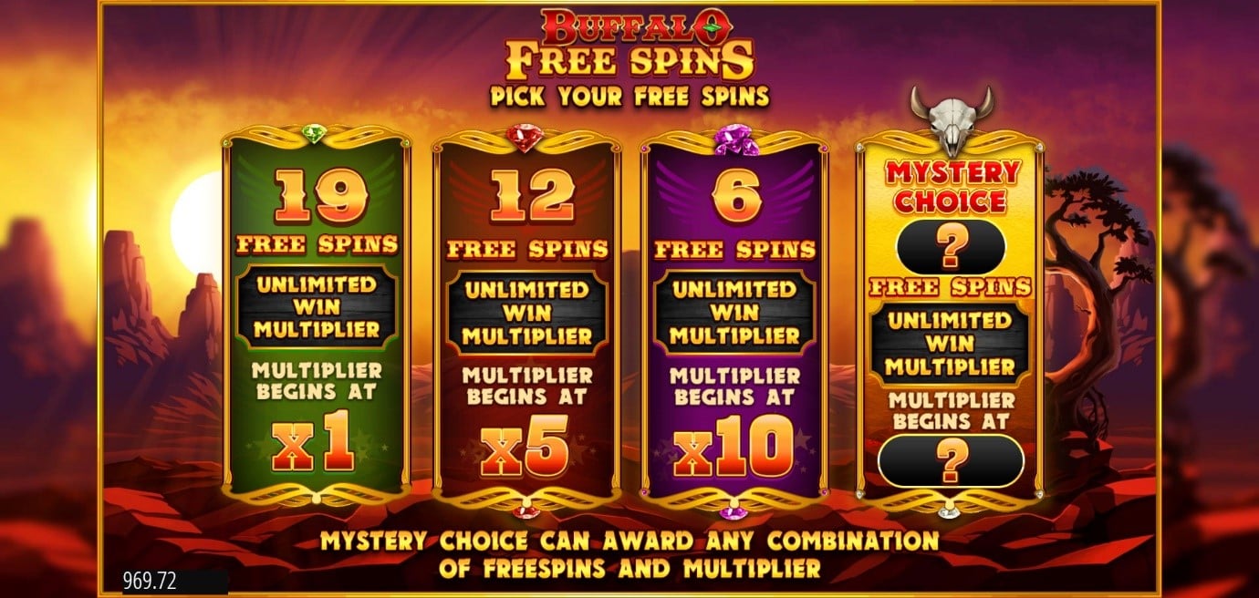 Choose from 4 different Free Spins Bonuses when you play Buffalo Rising slot online