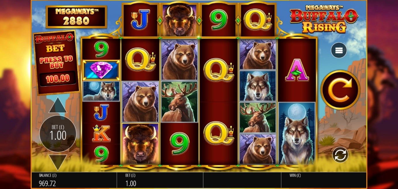 Buffalo Rising slot theme includes American animals and desert canyon background 