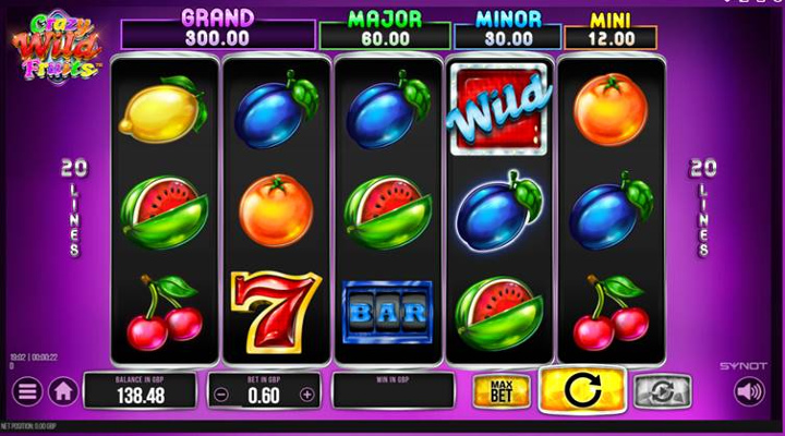 the crazy wild fruit reels with the four jackpots shown above them