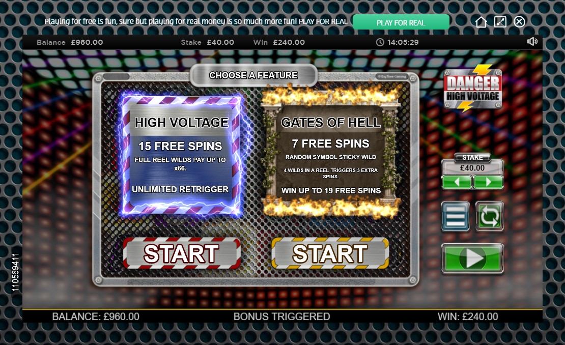 Feature selection screen from Danger High Voltage online slot