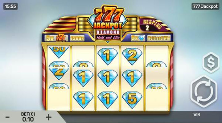 Hold and win bonus active with multiple diamonds in place on the reels. Each diamond has a gold number value. In the corner, the number of respins is shown.