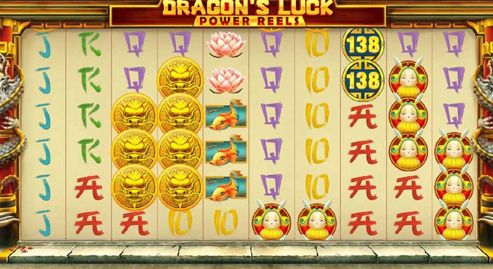 Dragon Coins and regular symbols in Dragon’s Luck Power Reels slot by Red Tiger
