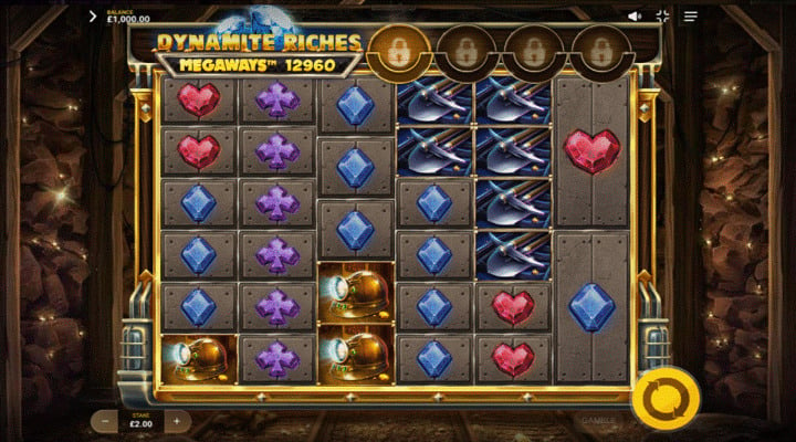 Dynamite Riches Megaways base game with 6 reels containing colourful card suit gems, pickaxe and mining helmet symbols