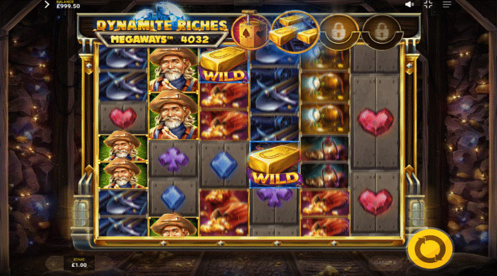 Dynamite Riches Megaways Golden Wilds feature with a golden wild symbol on reels 3 and 4