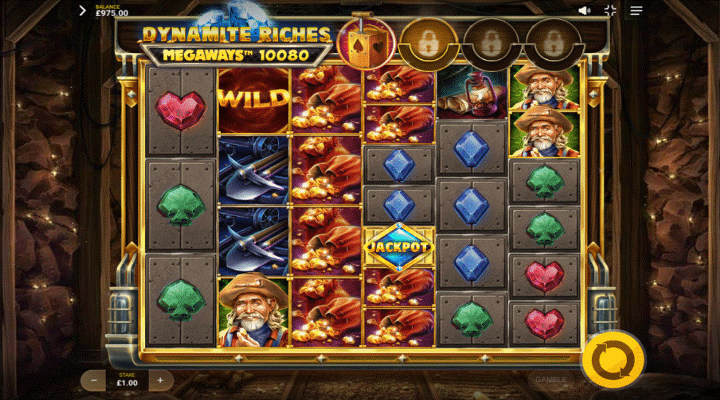 Dynamite Riches Megaways slot with a yellow and blue jackpot symbol on reel 4