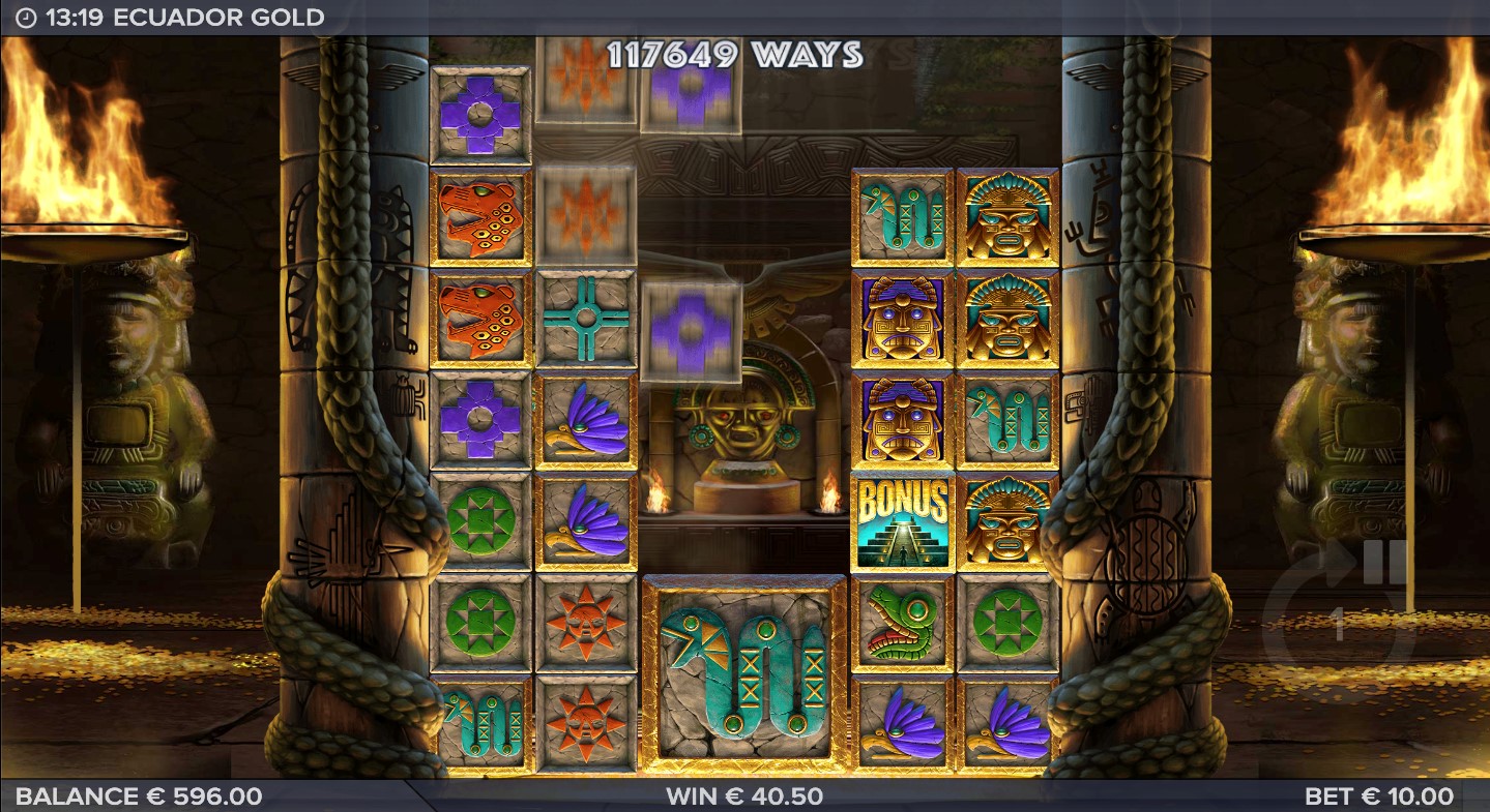 Cascading symbols in Ecuador Gold video slot with 117,649 ways to win