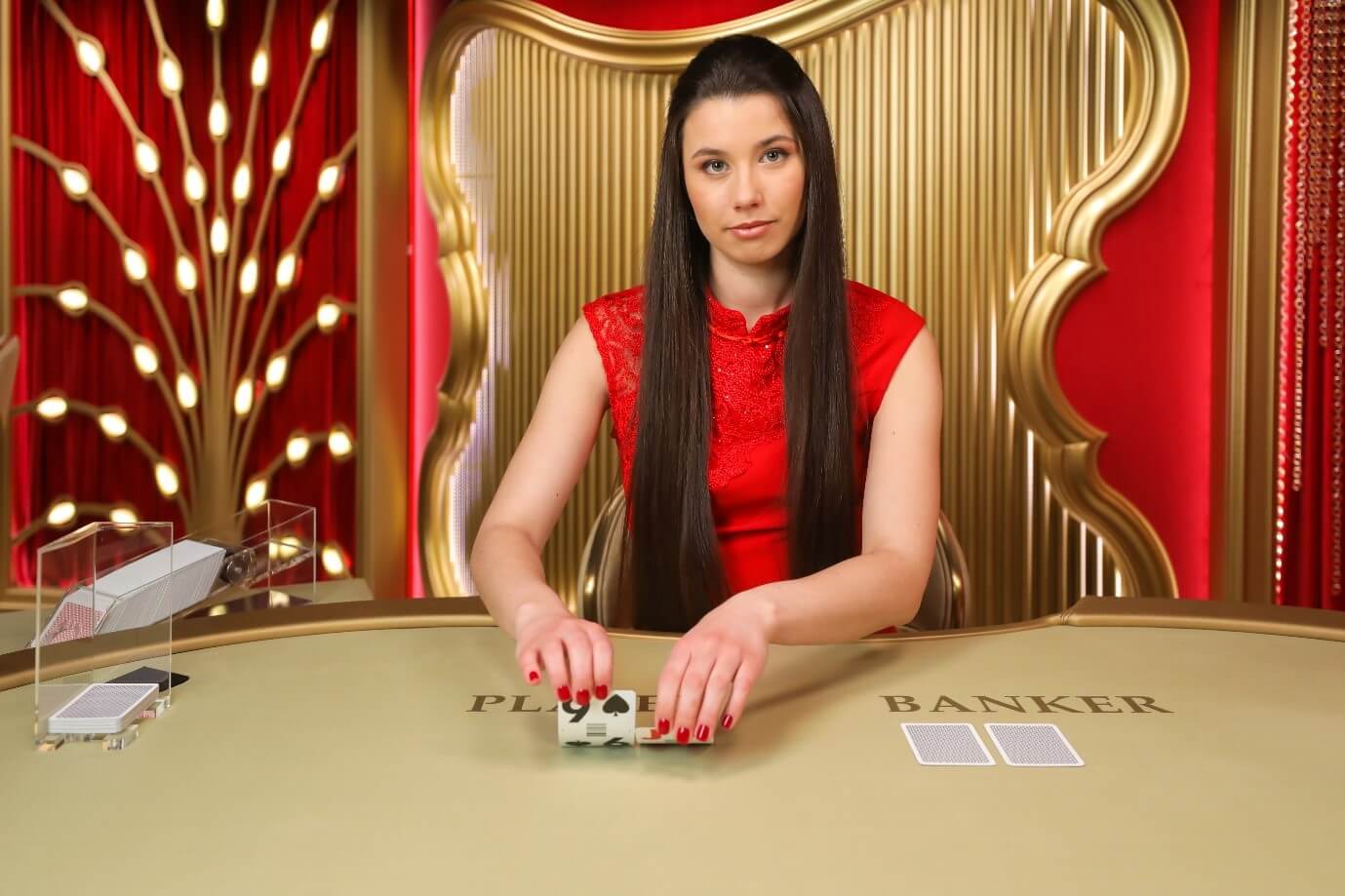 An Evolution Gaming dealer squeezing cards at a Live Baccarat table
