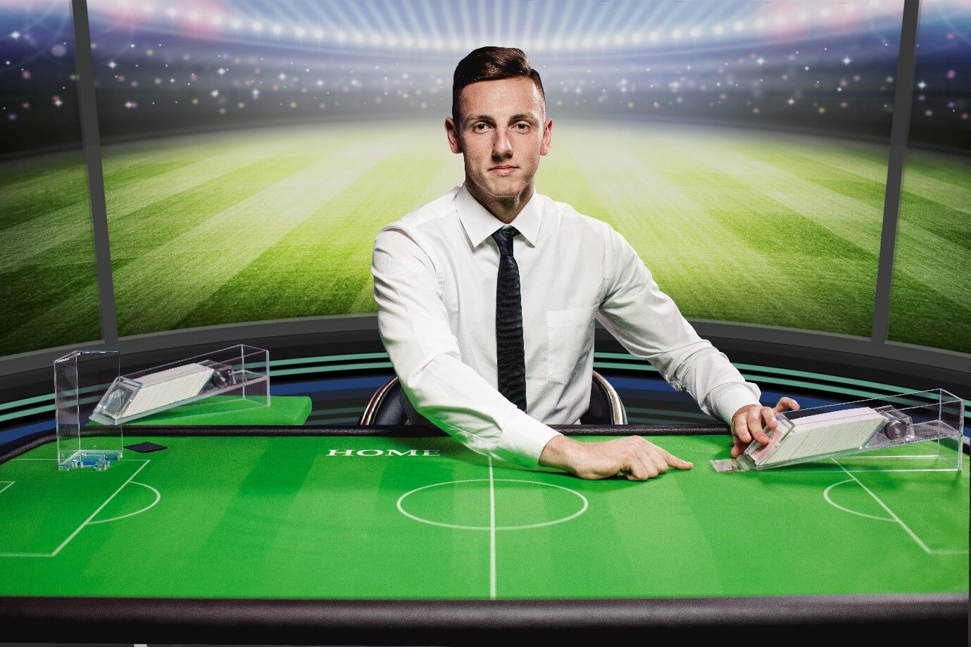 Dealer starting game of Football Studio live table game from Evolution Gaming