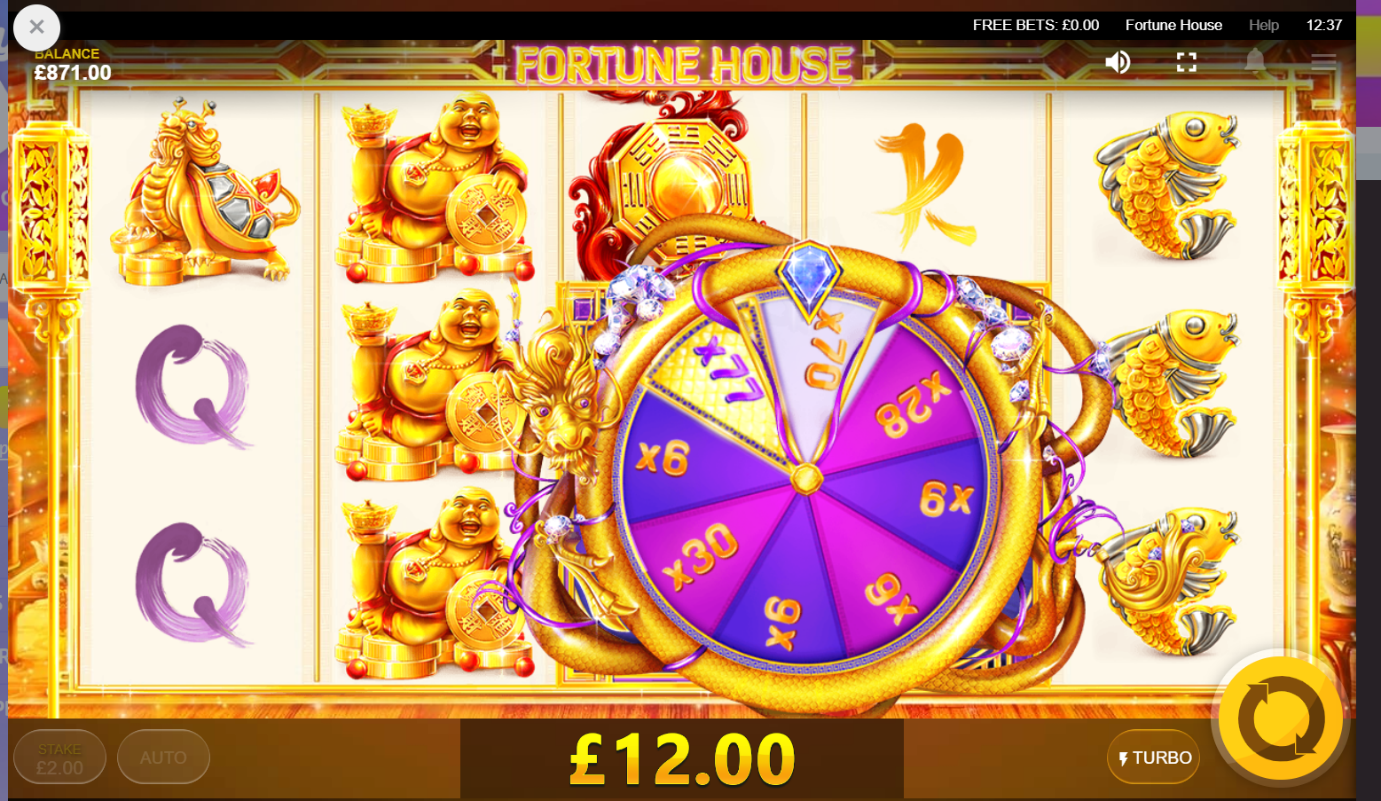 Dragon Wheel spinning to award prize multiplier on Fortune House slot