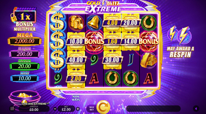 Gold Blitz Extreme base game showing dollar, cash, horseshoe, bell, 9, J, A and Bonus symbols