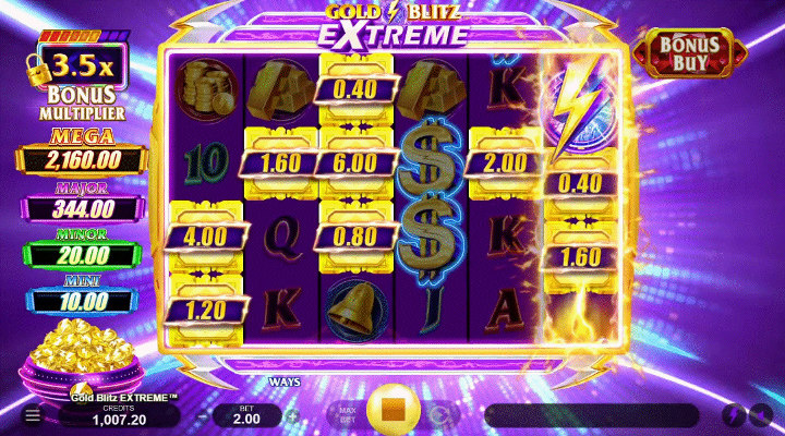 Gold Blitz Extreme Cash Collect feature with numerous Cash symbols across the reels and the Collect symbol on reel 6