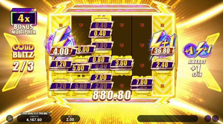 Gold Blitz Extreme Gold Blitz feature with a Collect symbol on reel 1, a Collect Retrigger symbol on reel 6, and cash symbols