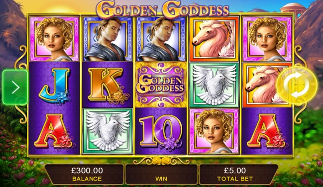 Goddess, warrior, horse and dove symbols in view during Golden Goddess mobile slot spin 