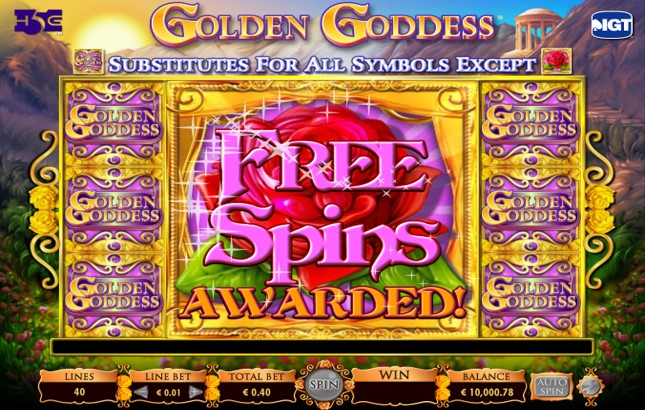 Wild symbols fill the reels to trigger the Free Spins bonus during the Golden Goddess slot game