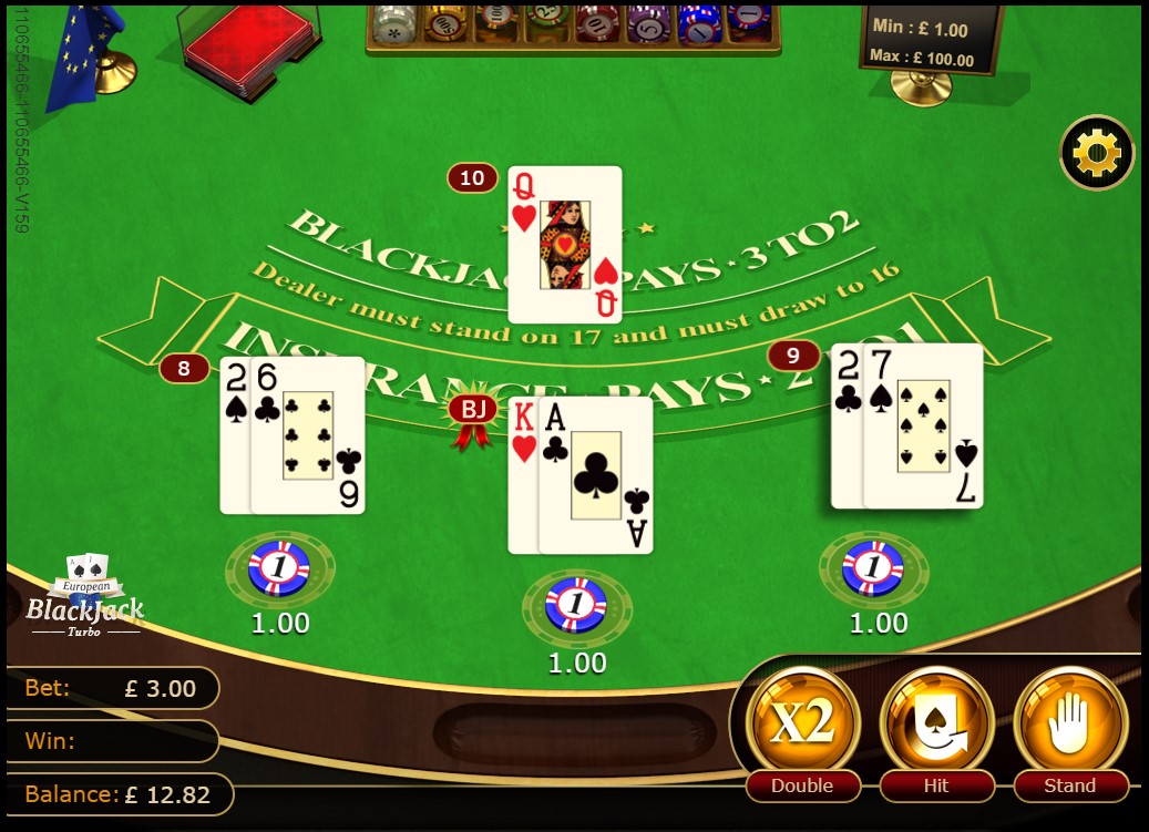 3 Hands in progress during GVG European Blackjack Turbo game