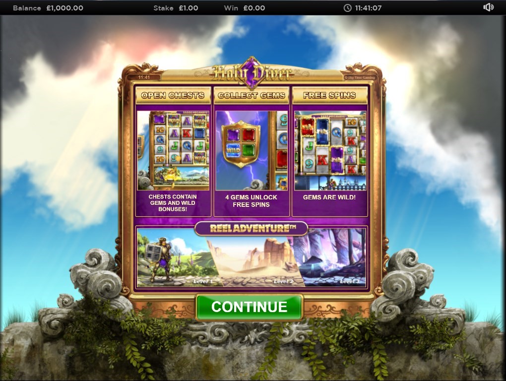 Holy Diver slot screenshot with guide to play including how to unlock Free Spins