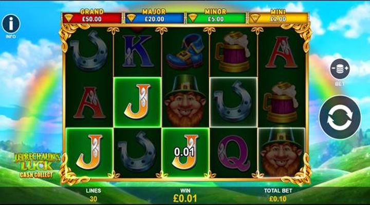 Leprechaun’s Luck reels showing a three of a kind J win