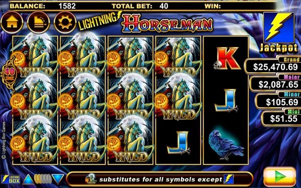 Wild symbols cover the reels on Lightning Horseman online slot