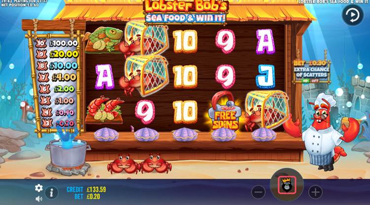Three crab pots appear on the reels, with the caught crabs lining up to jump into the cooking pot and award a payout of 1x the bet