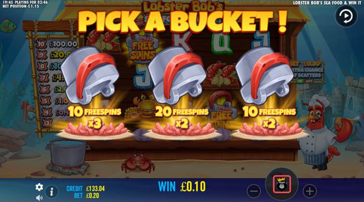 After unlocking the free spins, you pick a bucket to reveal one of the hidden prizes, with a set number of spins and a win multiplier