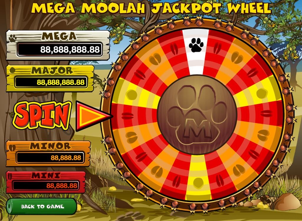 Jackpot wheel bonus feature from Games Global’s Mega Moolah progressive jackpot slot