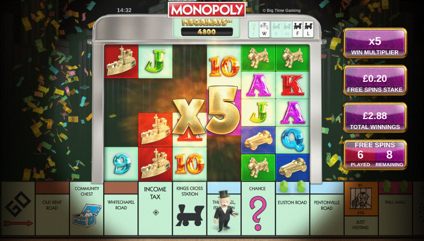 Monopoly Megaways slot free spins feature with winning symbols disappearing and the awarding of a 5x win multiplier