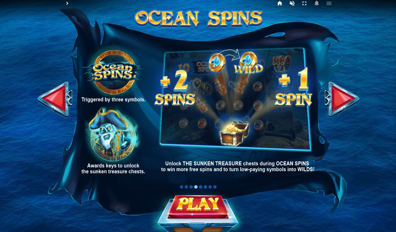 Ocean Spins bonus feature info screen on Pirates Plenty The Sunken Treasure slot
