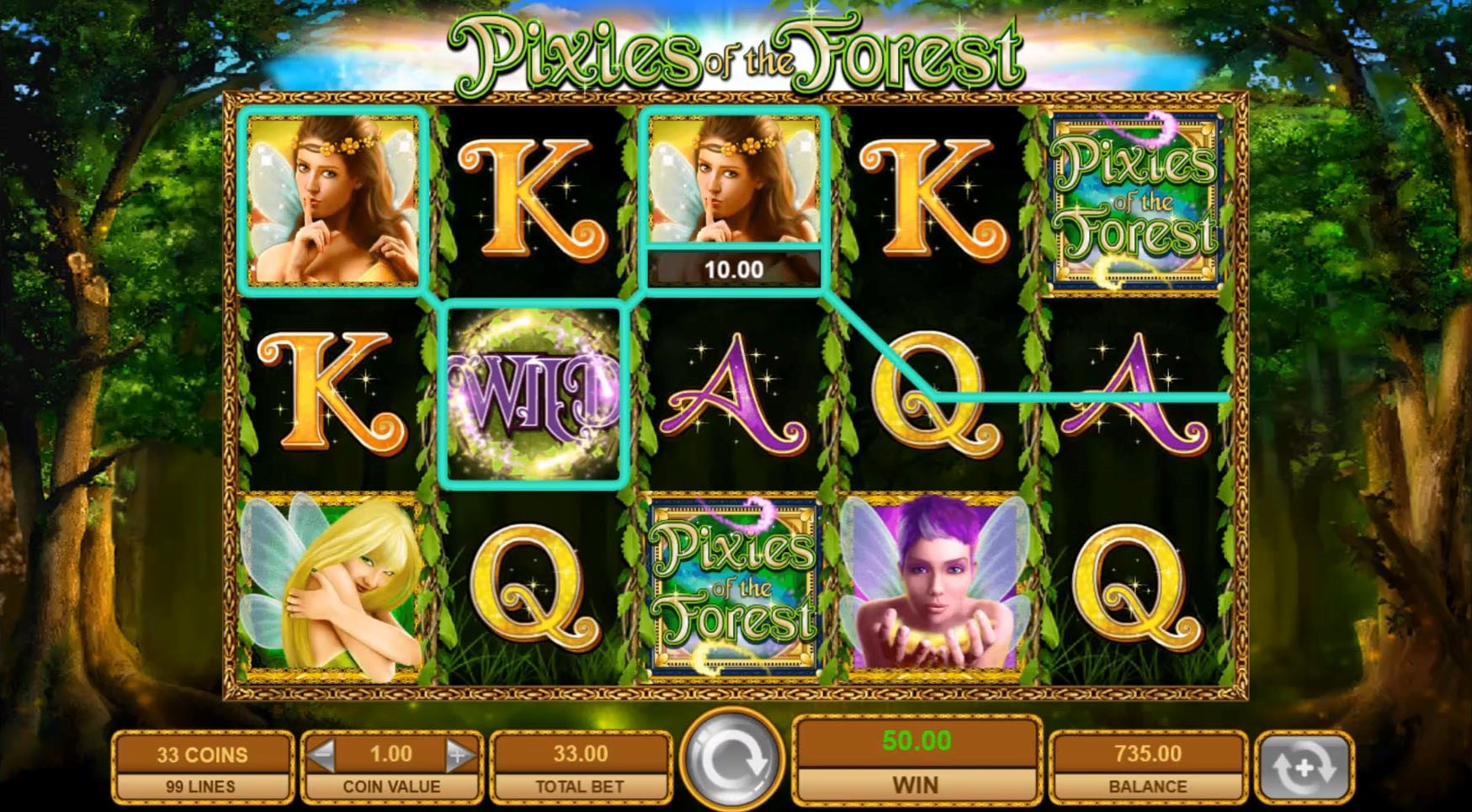 A base game win involving a Wild symbol during the Pixies of the Forest slot online