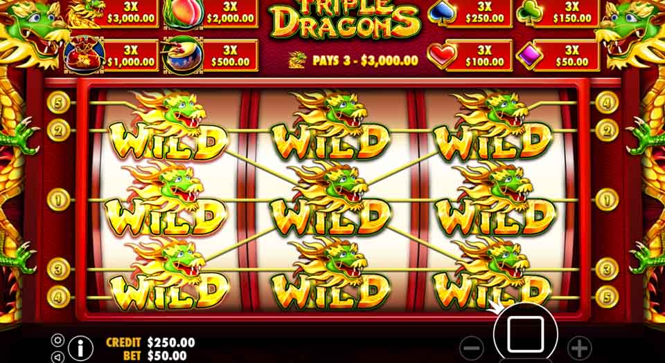 Wild symbols on all reels during Triple Dragons video slot game