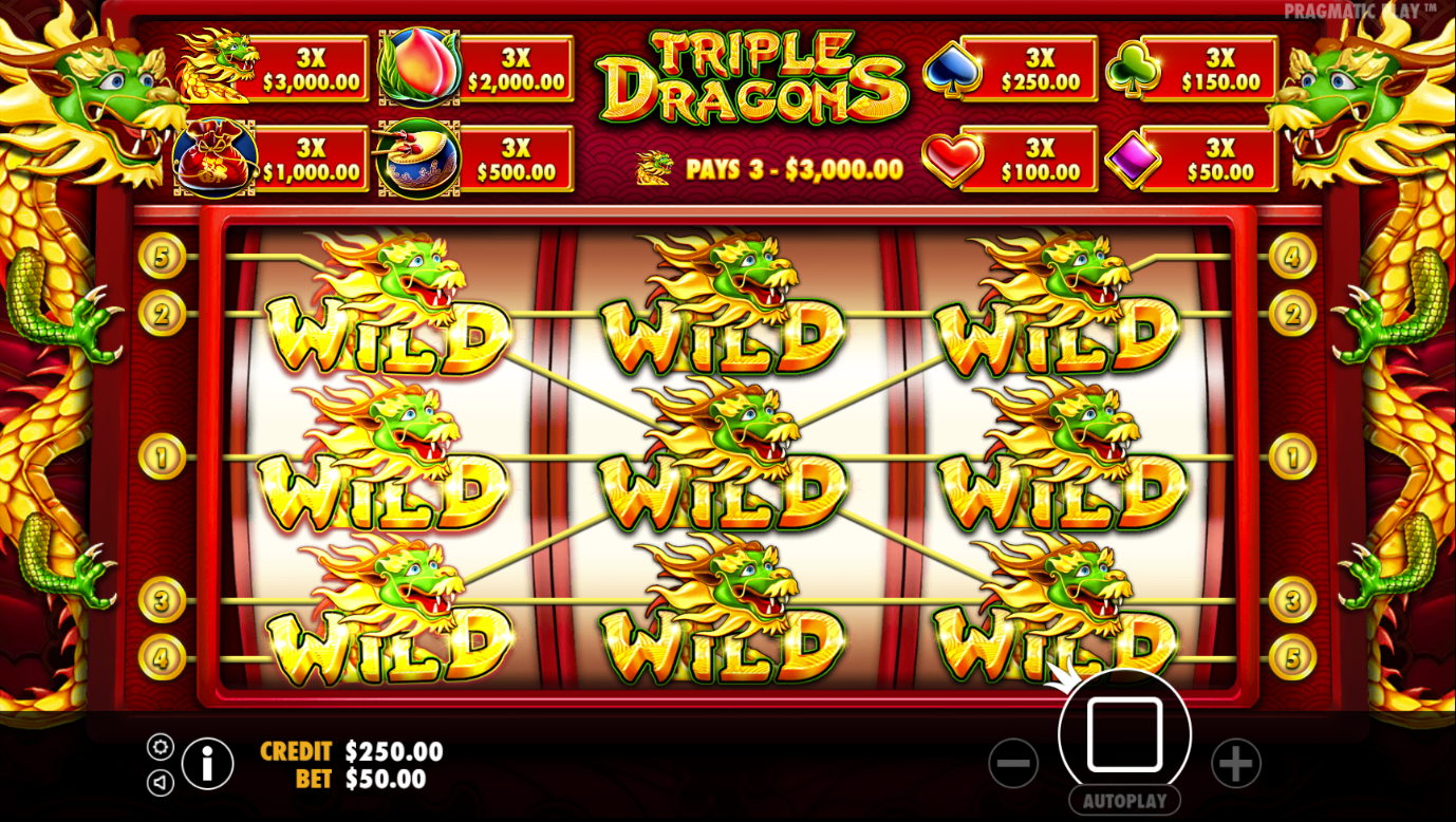 Wild symbols on all reels during Triple Dragons video slot game