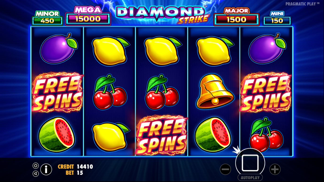 : Free Spins scatter symbols on reels of Diamond Strike online slot at PlayOJO