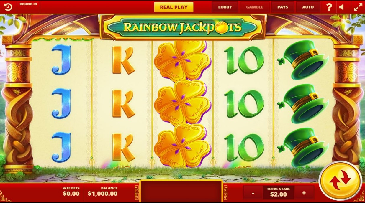 Hat, clover and card symbols on Rainbow Jackpot slot reels 