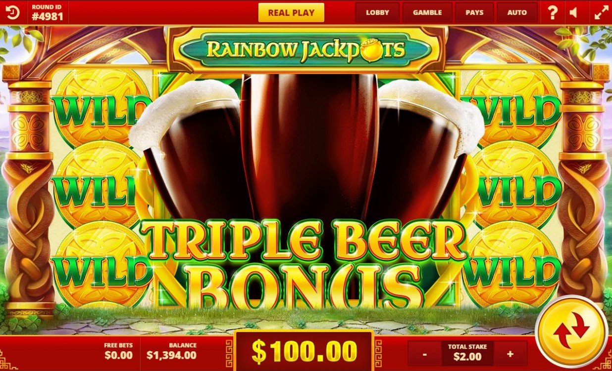 Triple Beer Bonus feature from Red Tiger’s Rainbow Jackpots slot