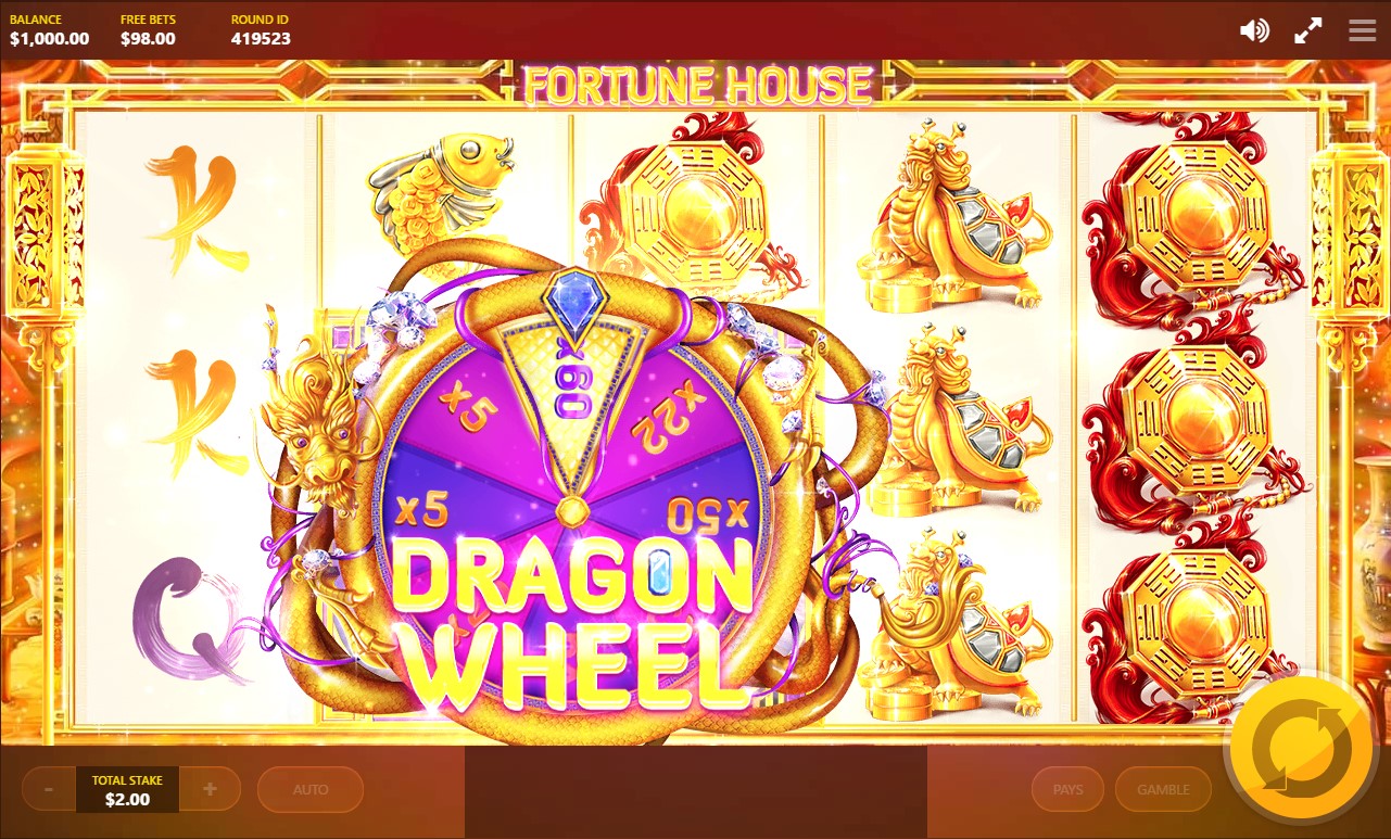 :Dragon Wheel bonus feature during Fortune House video slot game