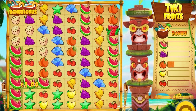 Tiki Fruits video slot with grid format and bonus bar