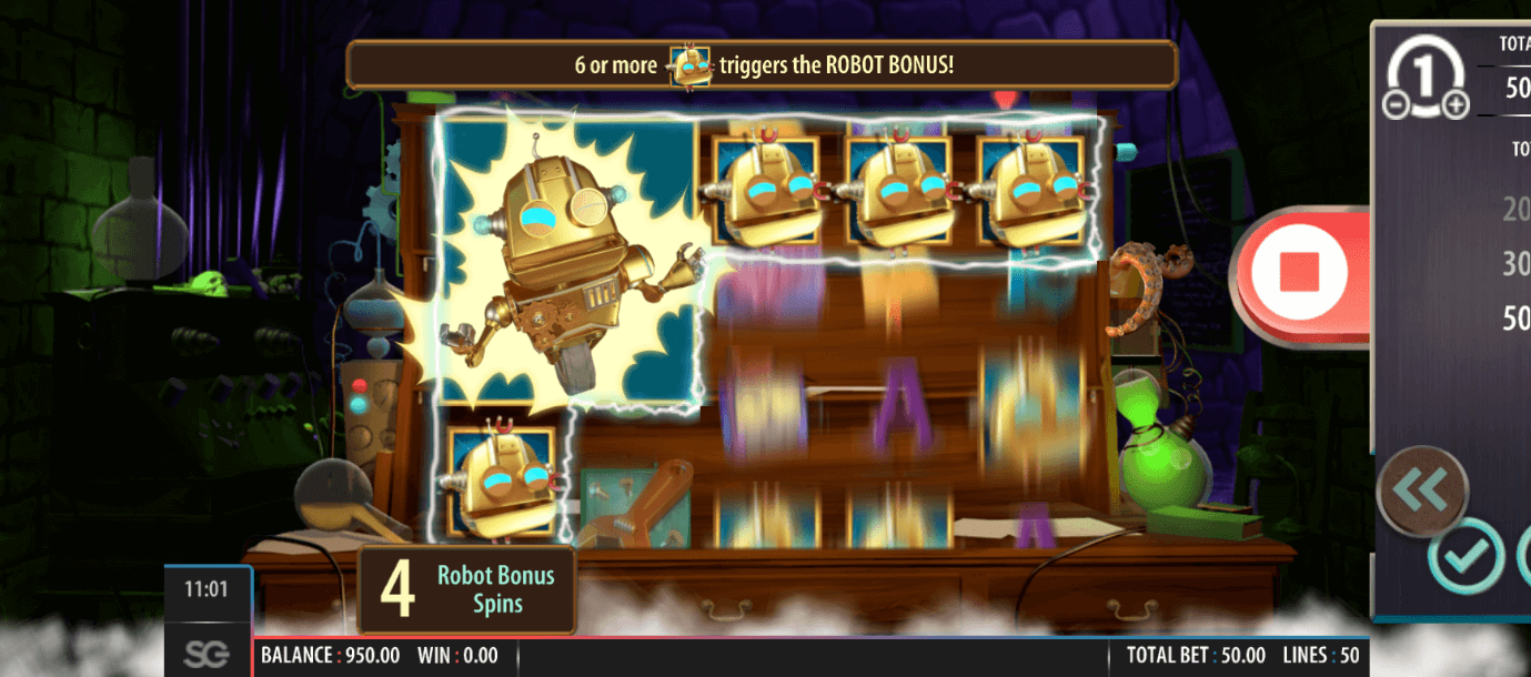 Robot Spins bonus feature from Volts & Bolts mobile slot by Scientific Games