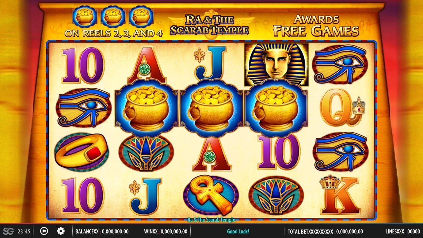 3 Scatters trigger Free Games feature in Ra & The Scarab Temple slot