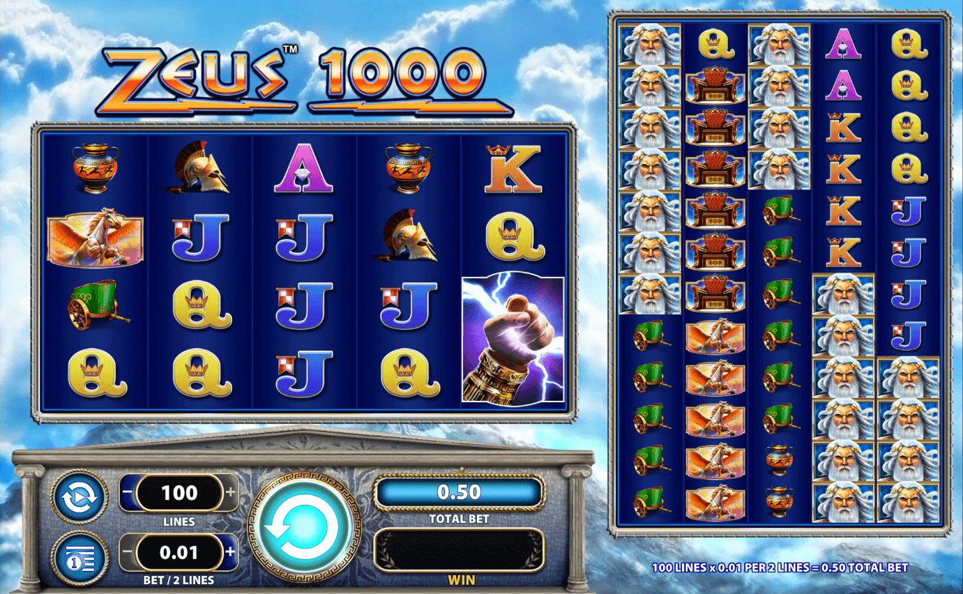 Reels and grid display from Zeus 1000 mobile slot by Scientific Games